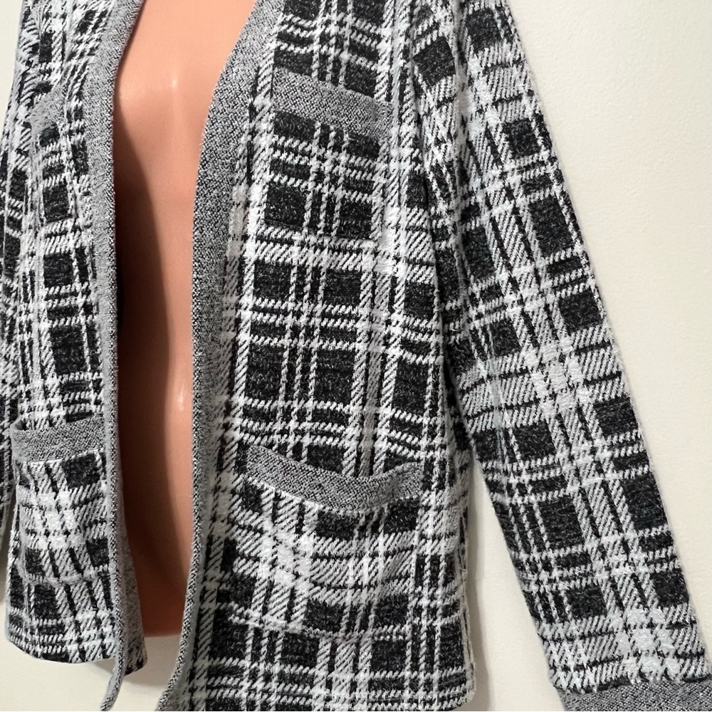 Tribal Black & White Plaid Open Front Cardigan Casual Office Timeless Sophistica - Picture 3 of 8